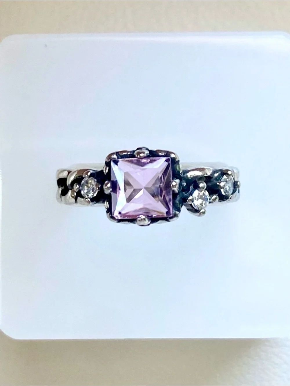 Sterling Silver Square Amethyst Ring with Accent Stones - Purple